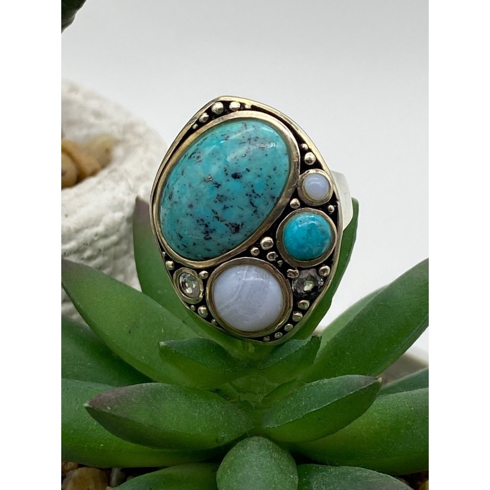 Sterling Silver Multi-Gemstone Size 5 Ring Turquoise Topaz